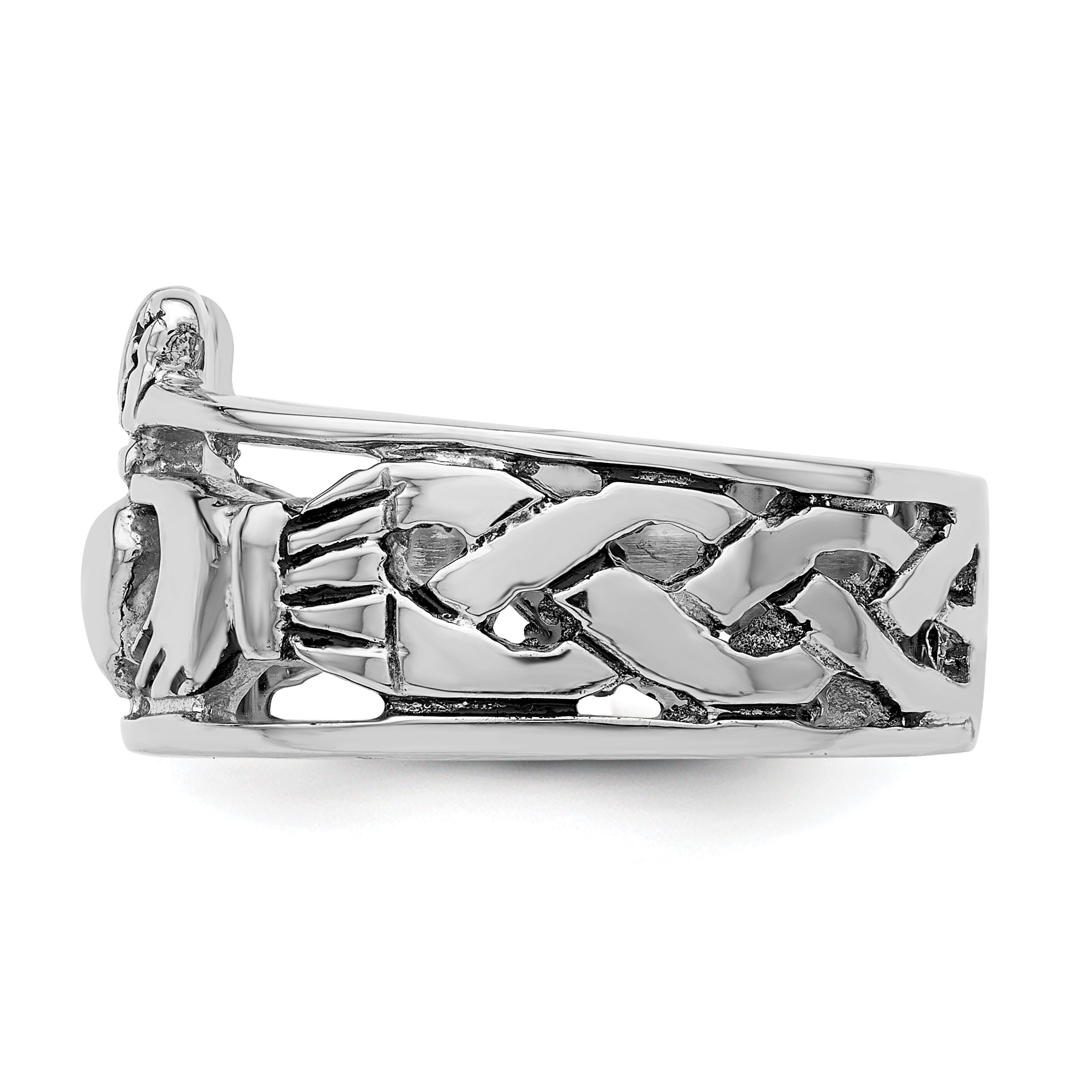 Sterling Silver Rhodium Plated And Antiqued Claddagh Ring