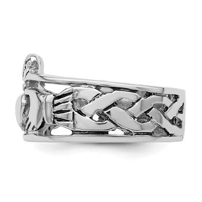 Sterling Silver Rhodium Plated And Antiqued Claddagh Ring