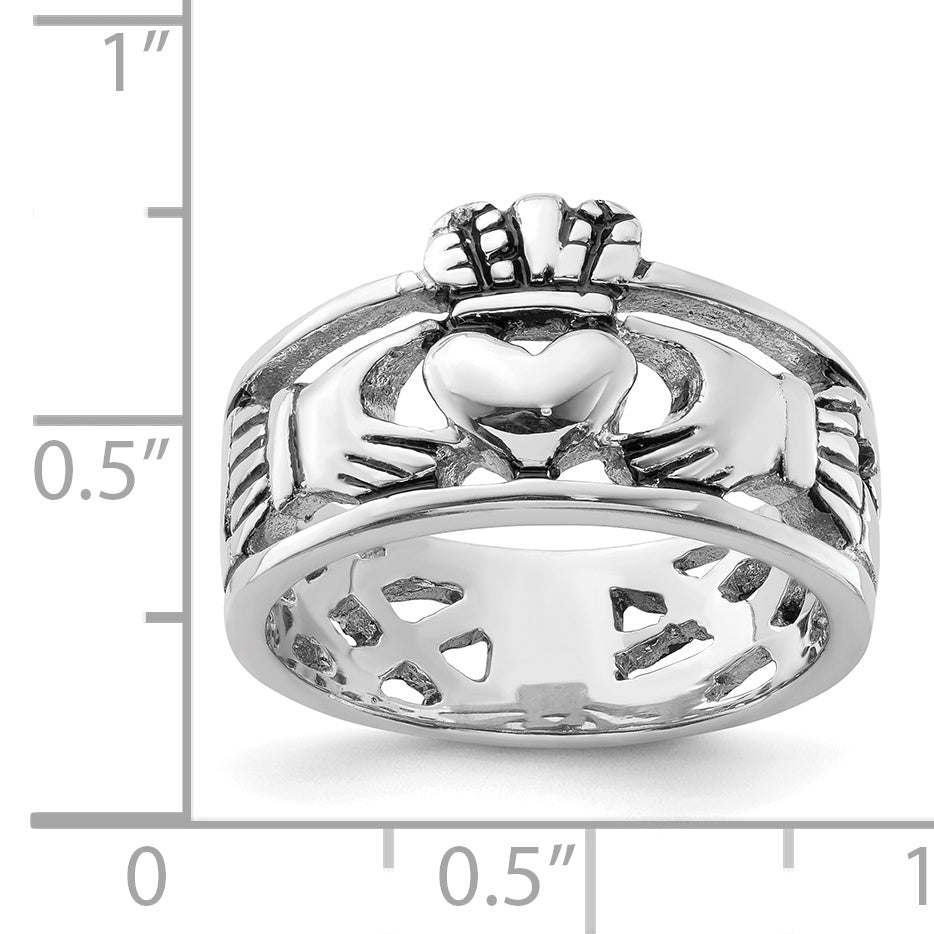 Sterling Silver Rhodium Plated And Antiqued Claddagh Ring