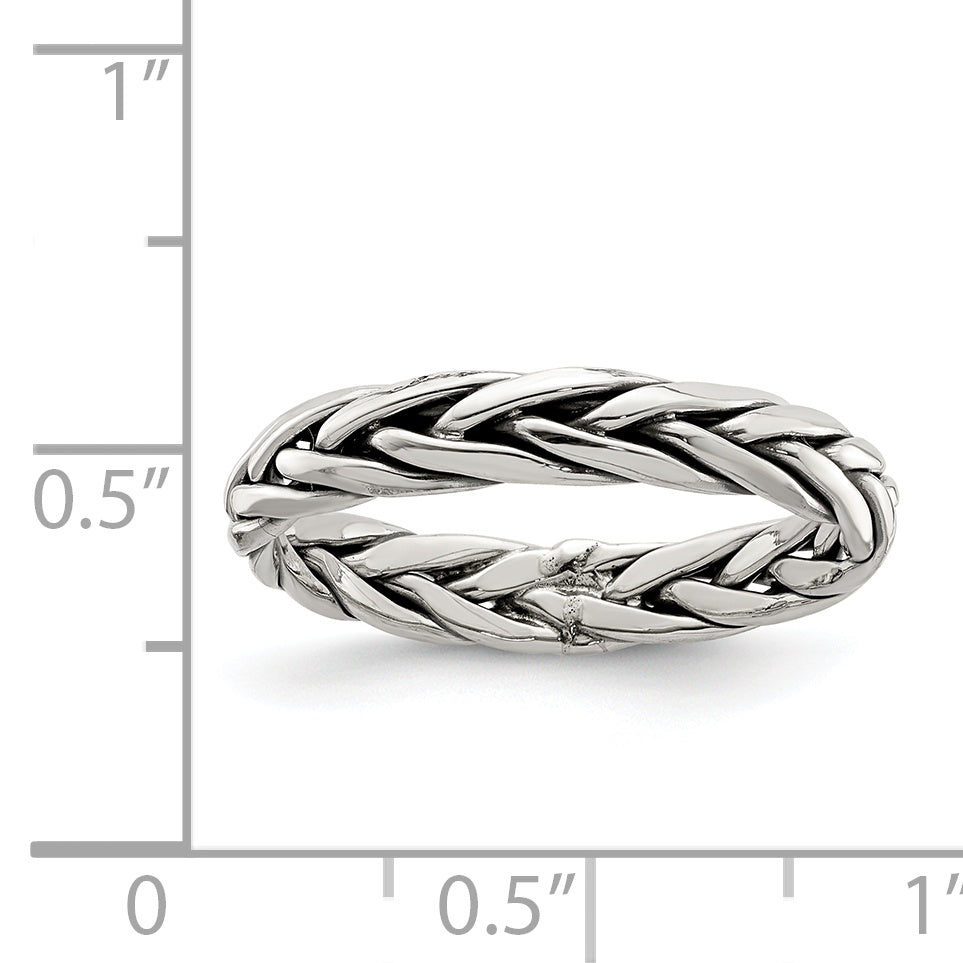 Sterling Silver Polished Antiqued Weaved 3.25mm Women'S Ring
