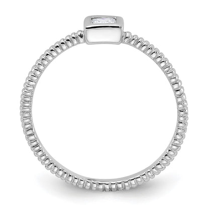 Sterling Silver Rhodium Plated Polished & Textured Cz Square Ring