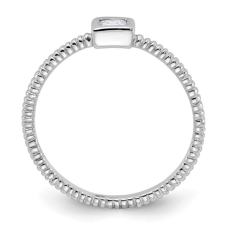 Sterling Silver Rhodium Plated Polished & Textured Cz Square Ring