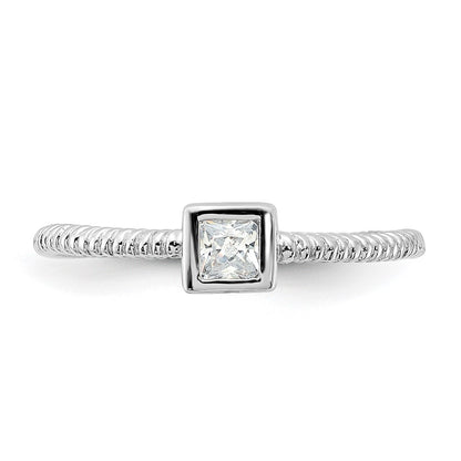 Sterling Silver Rhodium Plated Polished & Textured Cz Square Ring