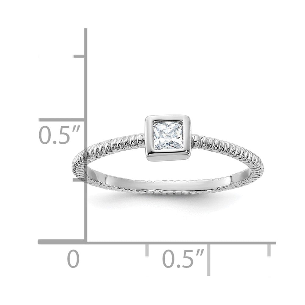 Sterling Silver Rhodium Plated Polished & Textured Cz Square Ring