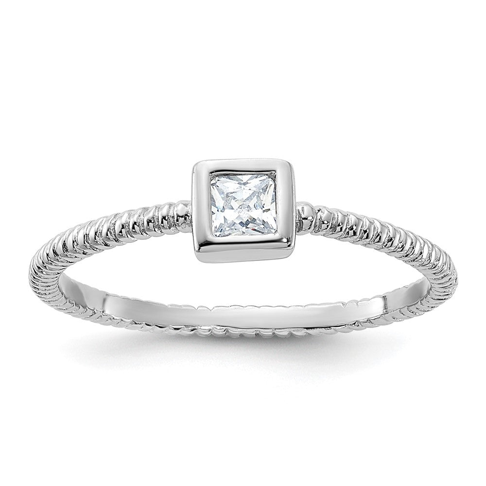 Sterling Silver Rhodium Plated Polished & Textured Cz Square Ring