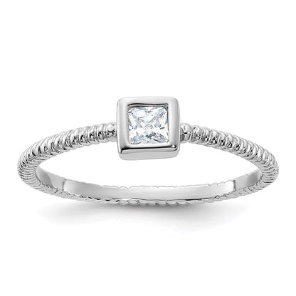 Sterling Silver Rhodium Plated Polished & Textured Cz Square Ring