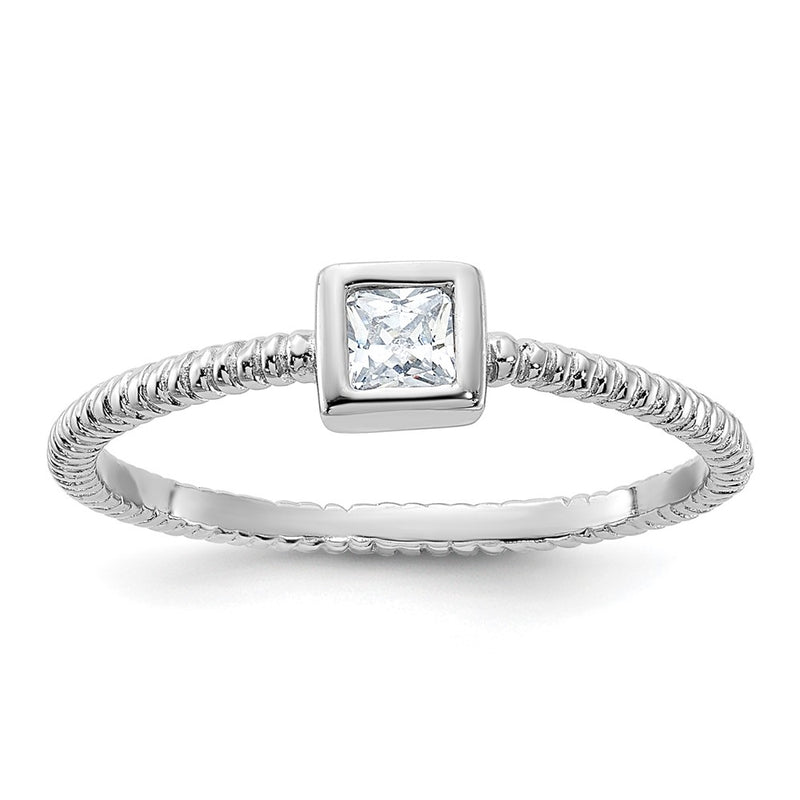 Sterling Silver Rhodium Plated Polished & Textured Cz Square Ring