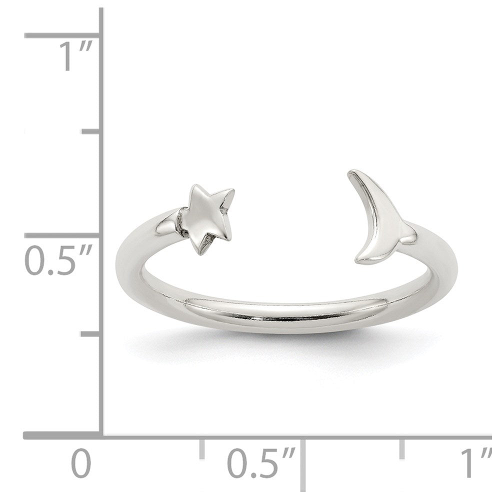 Sterling Silver Polished Half Moon And Star Adjustable Ring