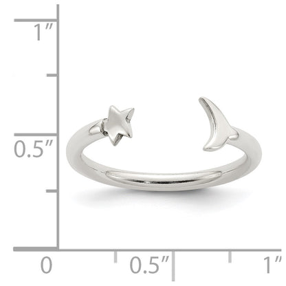Sterling Silver Polished Half Moon And Star Adjustable Ring