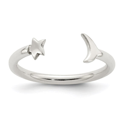 Sterling Silver Polished Half Moon And Star Adjustable Ring