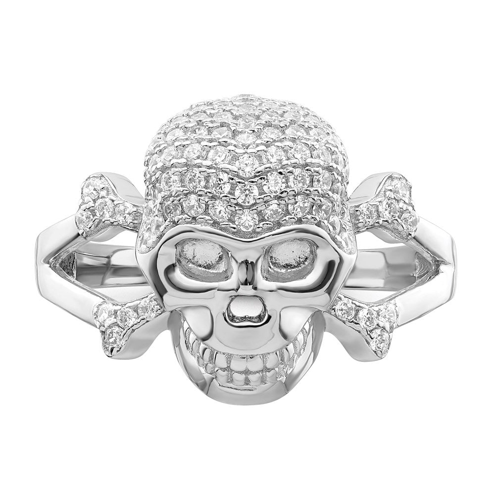 Sterling Silver Rhodium Plated And Cz Skull Ring