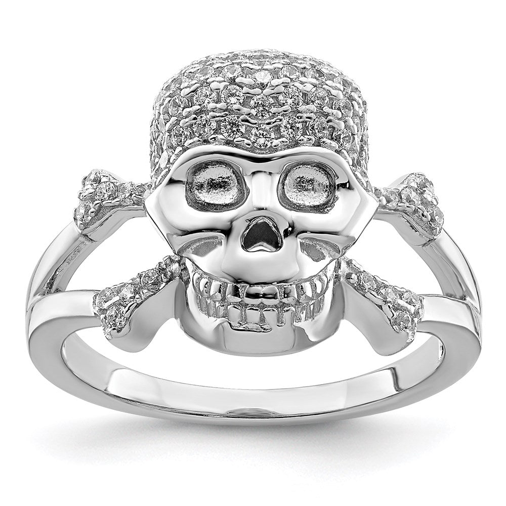 Sterling Silver Rhodium Plated And Cz Skull Ring