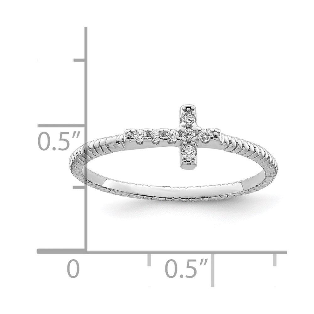 Sterling Silver Rhodium Plated Polished & Textured Cz Cross Ring