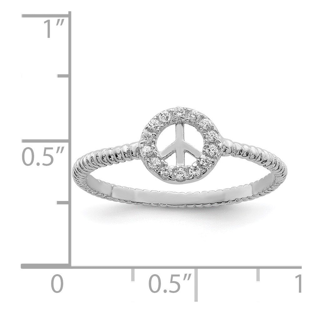 Sterling Silver Rhodium Plated Polished & Textured Cz Peace Ring (Size 8 Only)