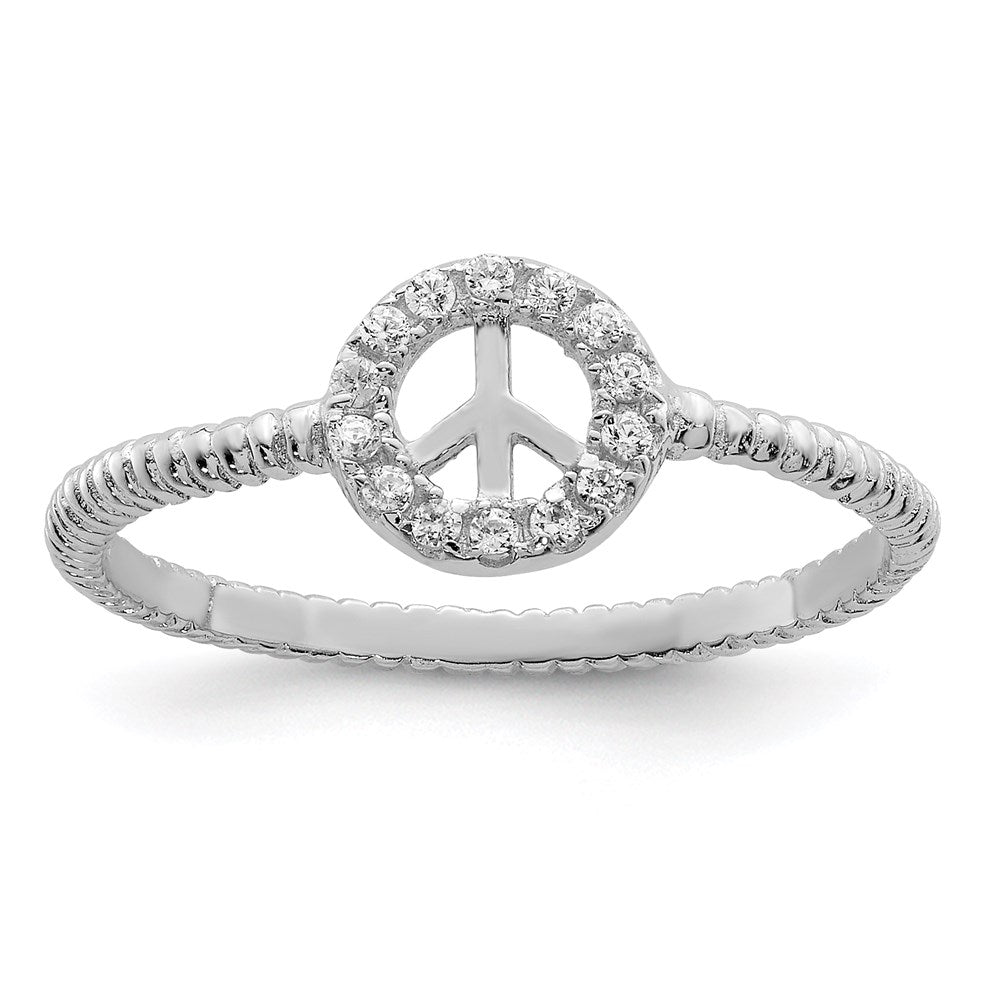 Sterling Silver Rhodium Plated Polished & Textured Cz Peace Ring (Size 8 Only)