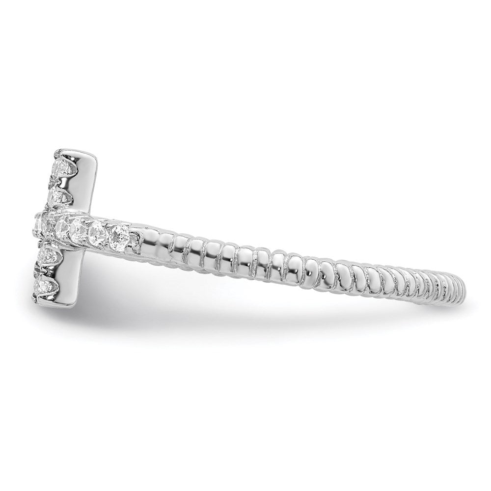 Sterling Silver Rhodium Plated Polished & Textured Cz Cross Ring