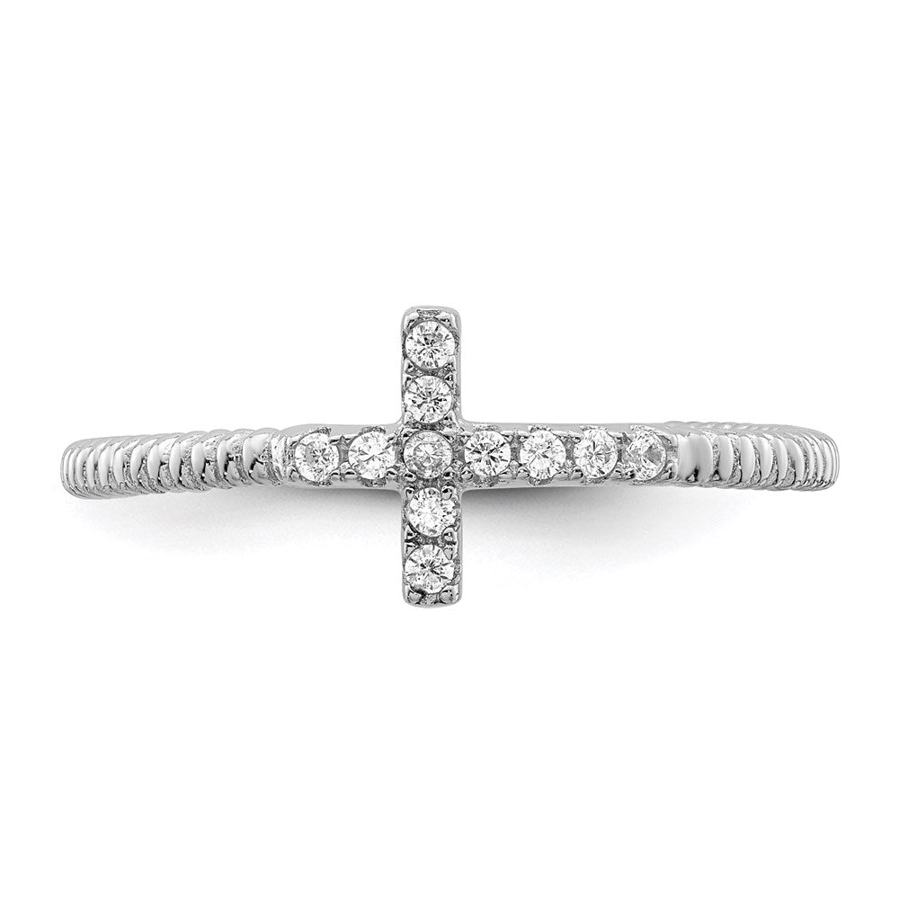 Sterling Silver Rhodium Plated Polished & Textured Cz Cross Ring