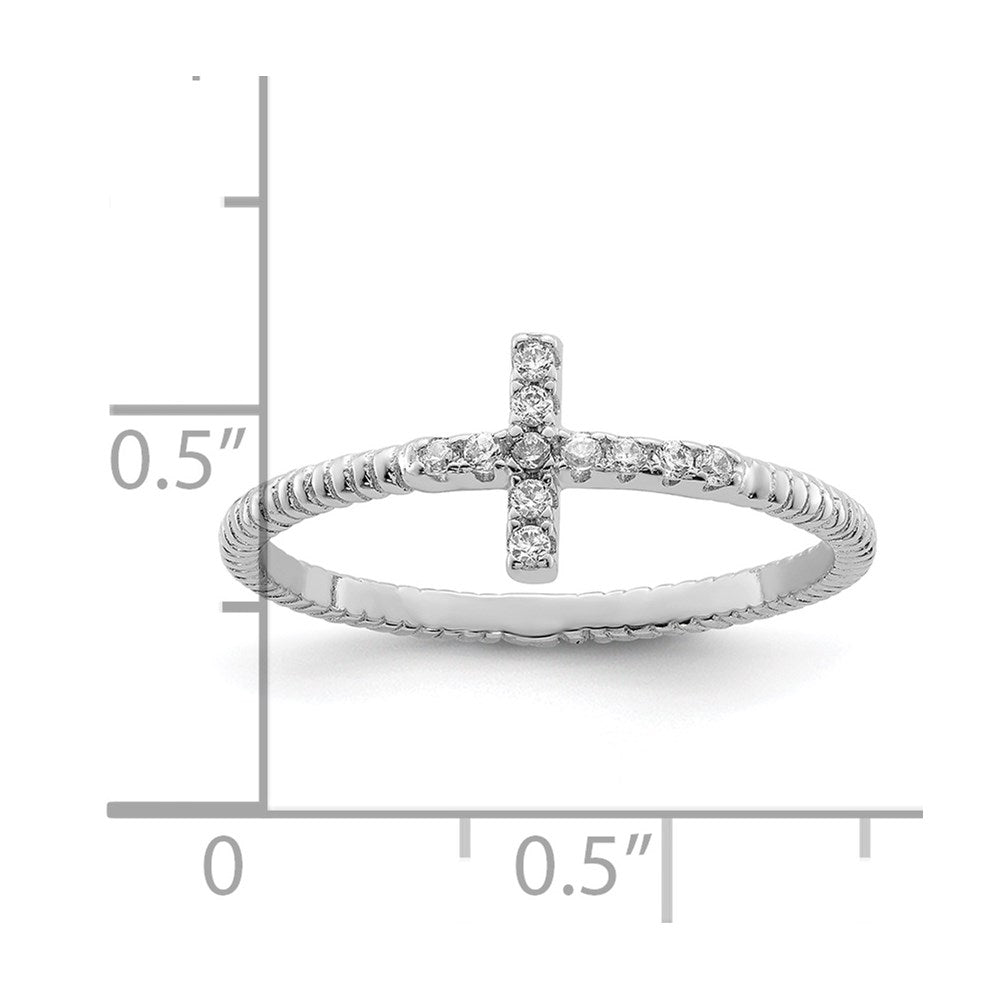 Sterling Silver Rhodium Plated Polished & Textured Cz Cross Ring