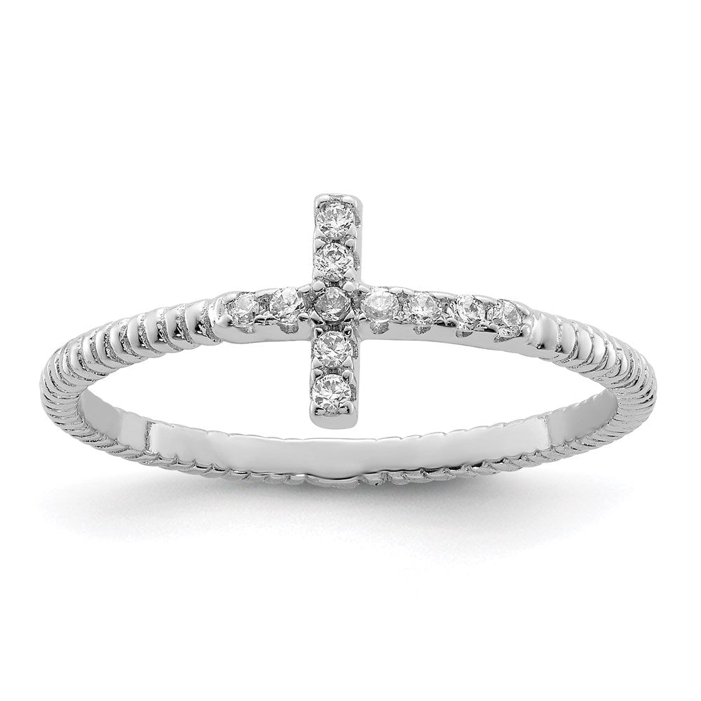 Sterling Silver Rhodium Plated Polished & Textured Cz Cross Ring