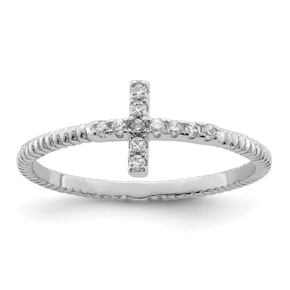 Sterling Silver Rhodium Plated Polished & Textured Cz Cross Ring