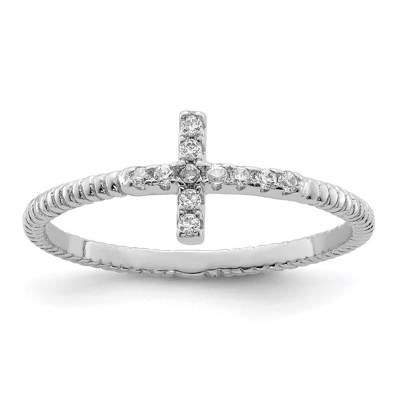 Sterling Silver Rhodium Plated Polished & Textured Cz Cross Ring