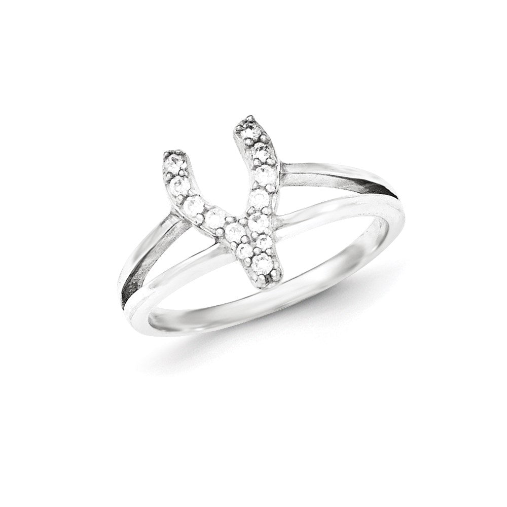 Sterling Silver Polished Cz Wishbone Ring (Size 7 Only)