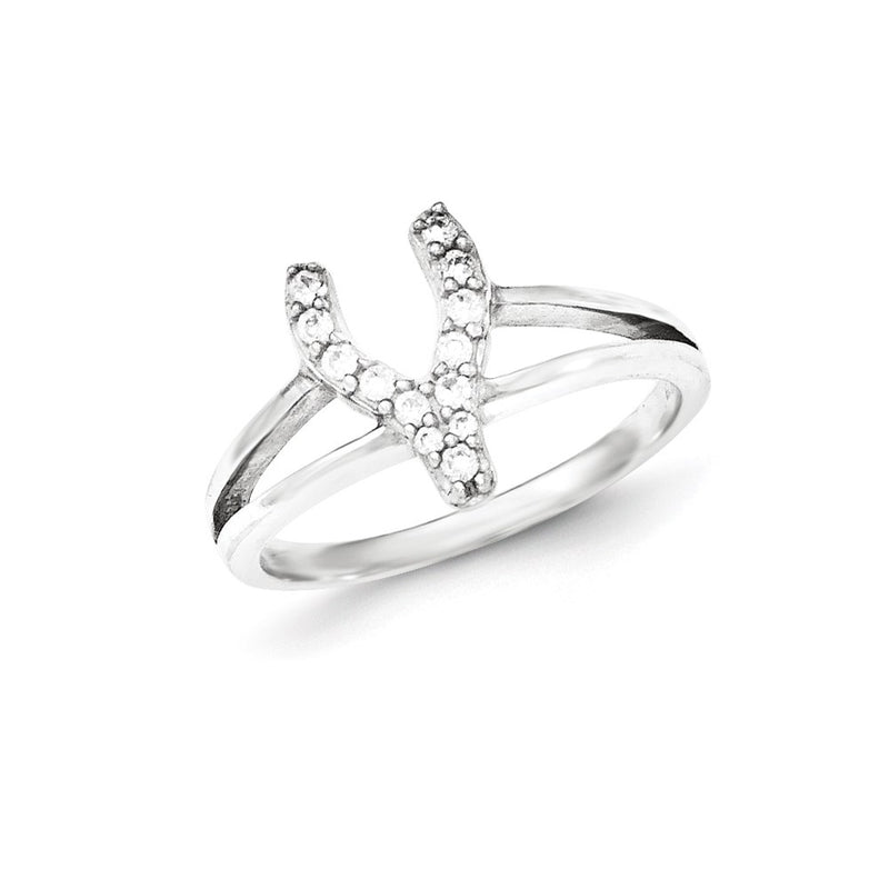 Sterling Silver Polished Cz Wishbone Ring (Size 7 Only)