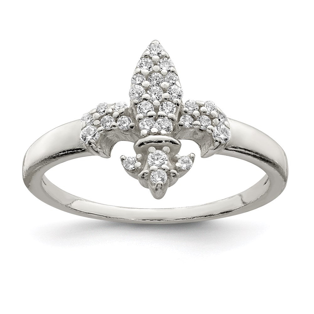 Sterling Silver Polished Cz Fleur De Lis Ring