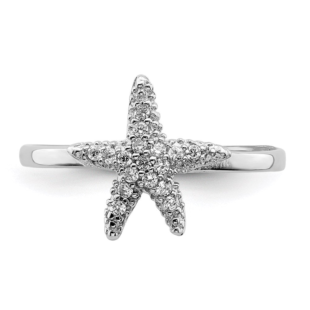 Sterling Silver Rhodium Plated Polished Cz Starfish Ring