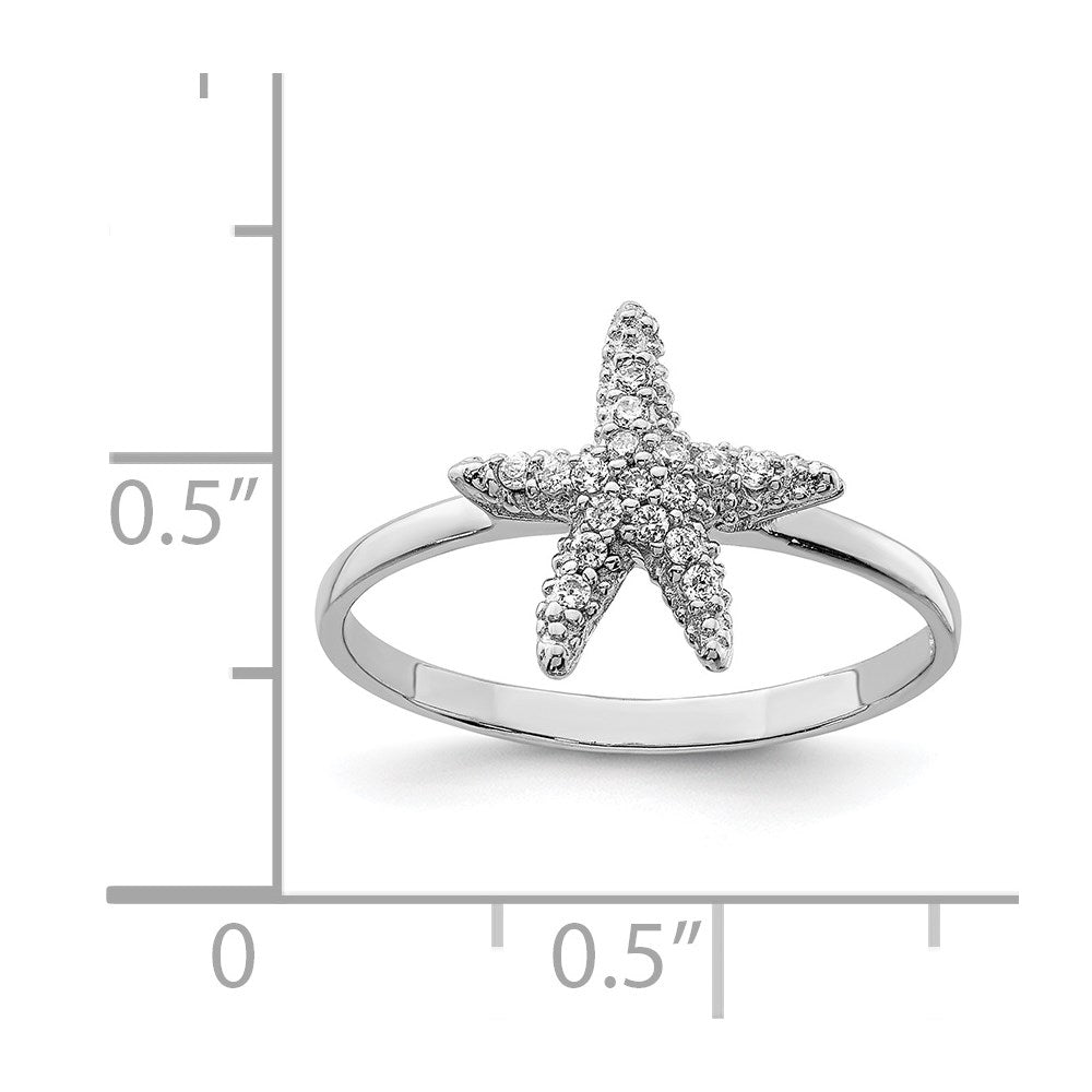 Sterling Silver Rhodium Plated Polished Cz Starfish Ring