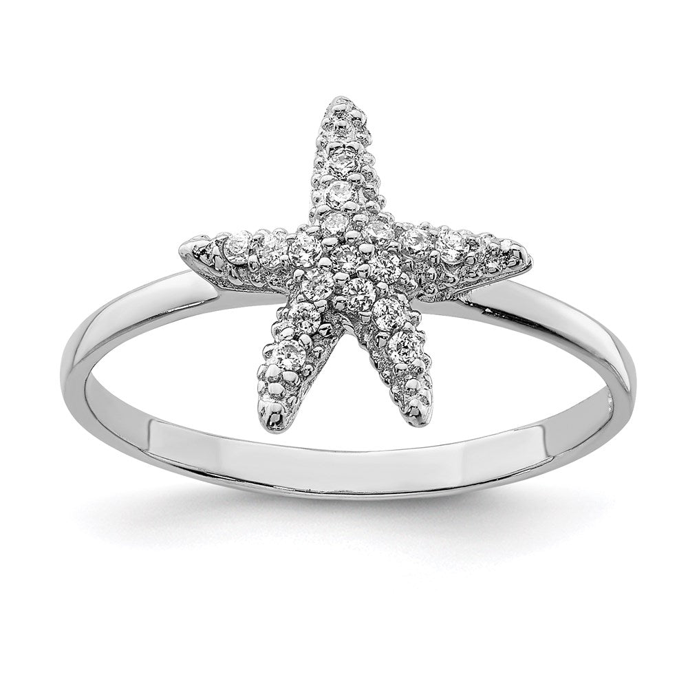 Sterling Silver Rhodium Plated Polished Cz Starfish Ring