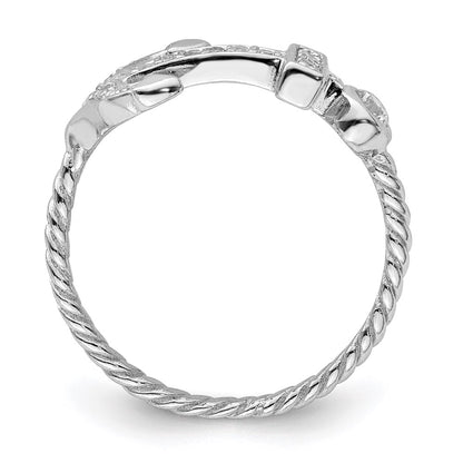 Sterling Silver Rhodium Plated Polished And Textured Cz Anchor Ring