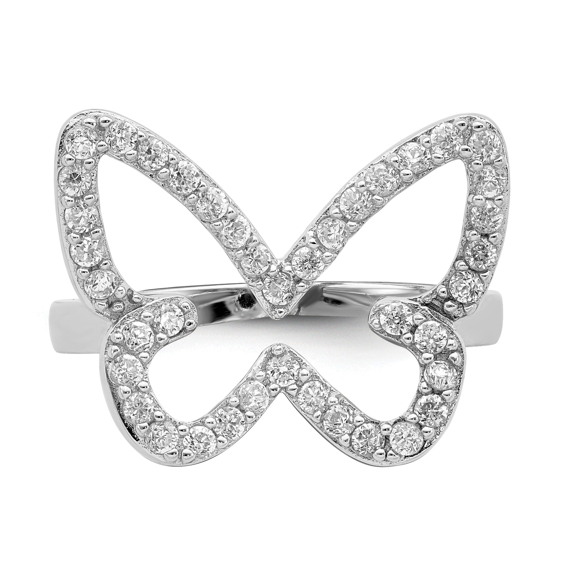 Sterling Silver Rhodium Plated Cz Butterfly Ring