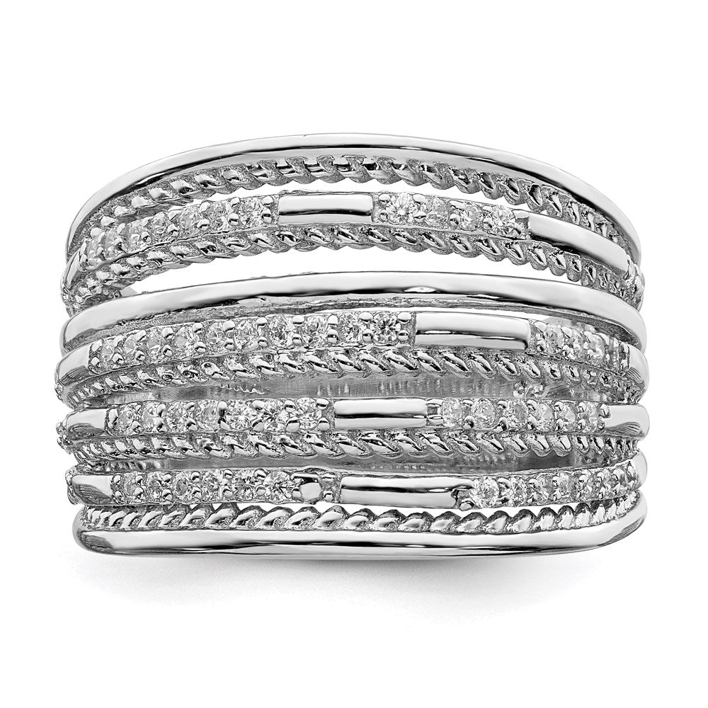 Sterling Silver Rhodium Plated Cz Rope Multi Row Ring (Size 8 Only)