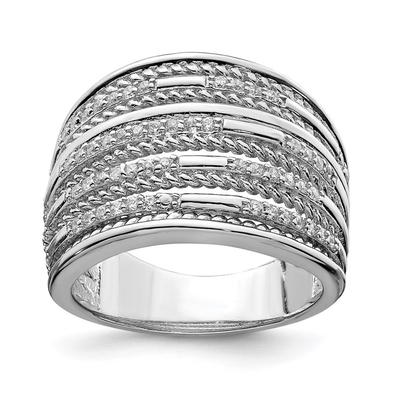 Sterling Silver Rhodium Plated Cz Rope Multi Row Ring (Size 8 Only)