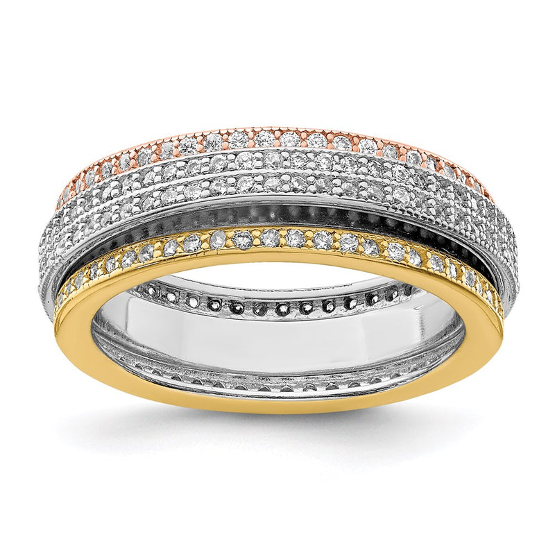 Sterling Silver Rhodium Polished Tri Color Pav‚Äö Eternity Motion Ring (Size 7 Only)
