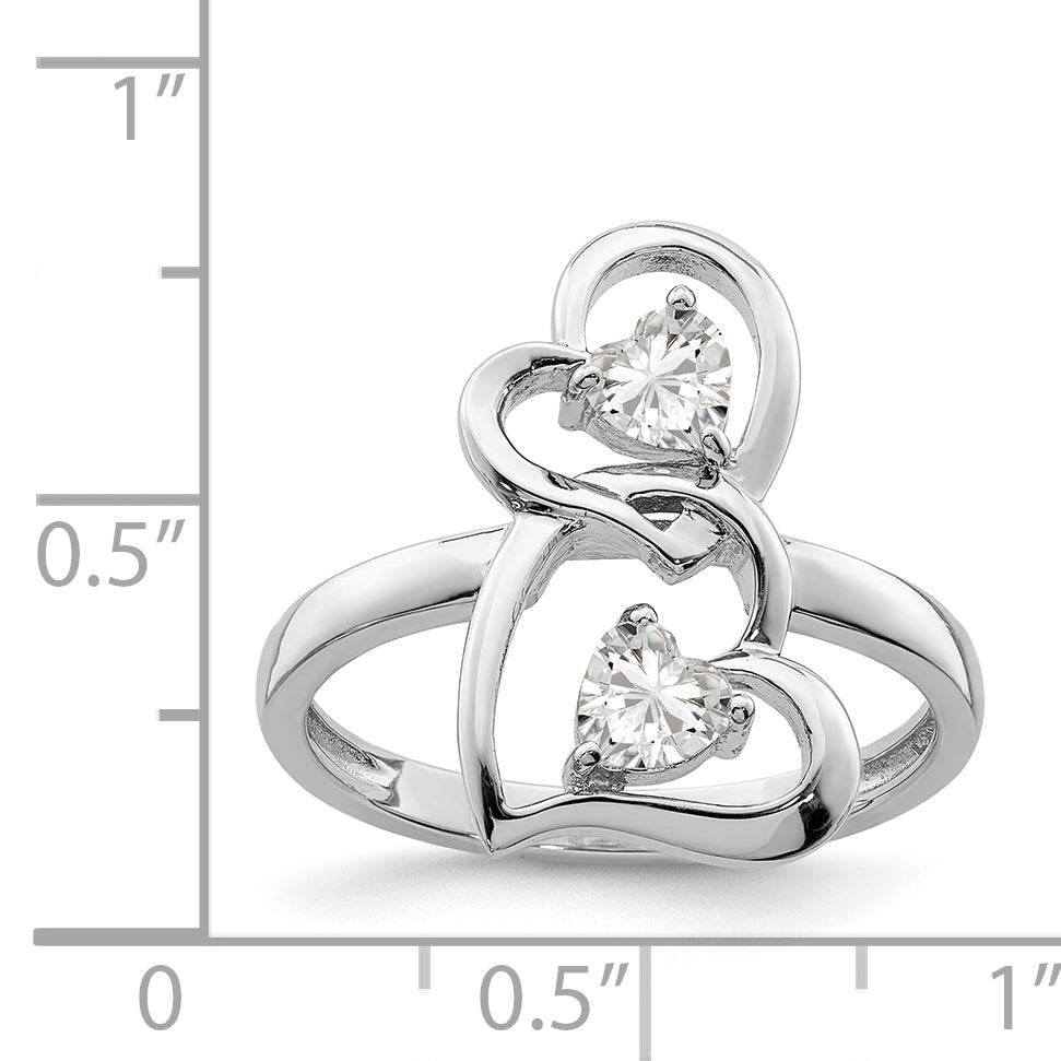 Sterling Silver Rhodium Plated Cz Double Heart Ring