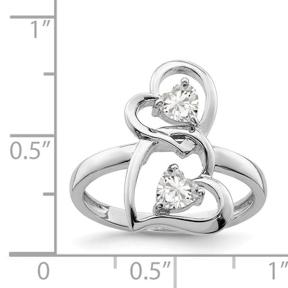 Sterling Silver Rhodium Plated Cz Double Heart Ring