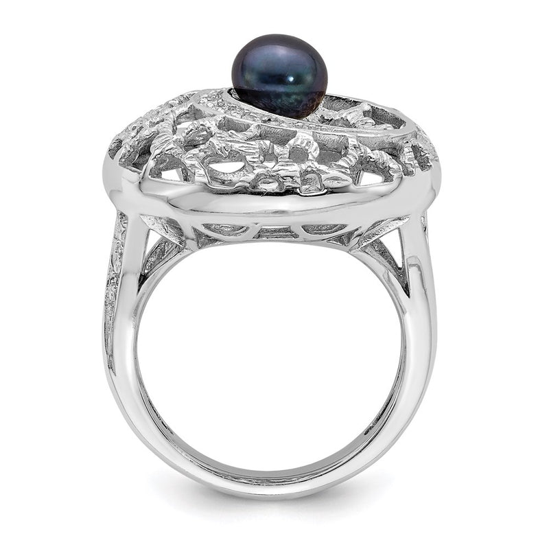 Sterling Silver Rhodium Plated Filigree Pattern Cz Accented Black Freshwater Cultured Pearl Round Ring