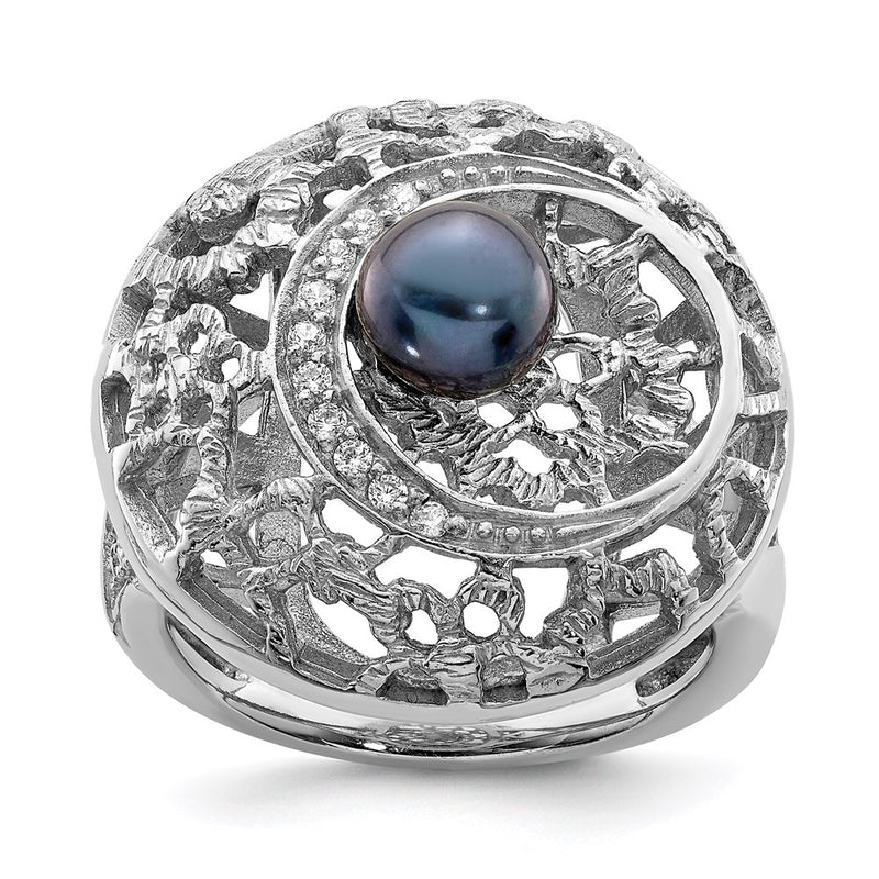 Sterling Silver Rhodium Plated Filigree Pattern Cz Accented Black Freshwater Cultured Pearl Round Ring