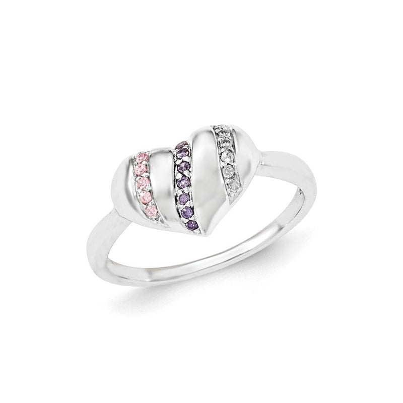Sterling Silver Purple, Pink & Clear Cz Heart Ring (Size 7 Only)