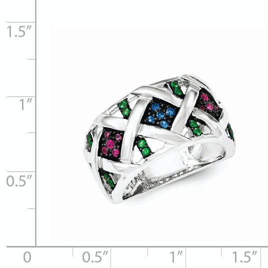 Sterling Silver Synthetic Ruby& Blue & Green Spinel Ring