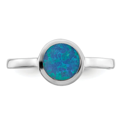 Sterling Silver Rhodium Plated Polished Round Synthetic Opal Ring
