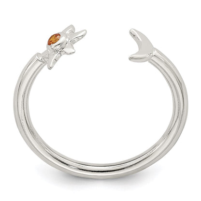Sterling Silver Polished Half Moon And Sun Orange Cz Adjustable Ring
