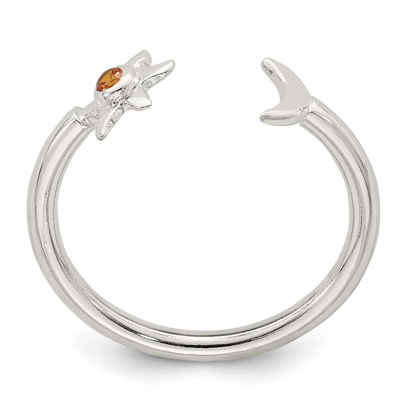 Sterling Silver Polished Half Moon And Sun Orange Cz Adjustable Ring