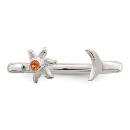Sterling Silver Polished Half Moon And Sun Orange Cz Adjustable Ring