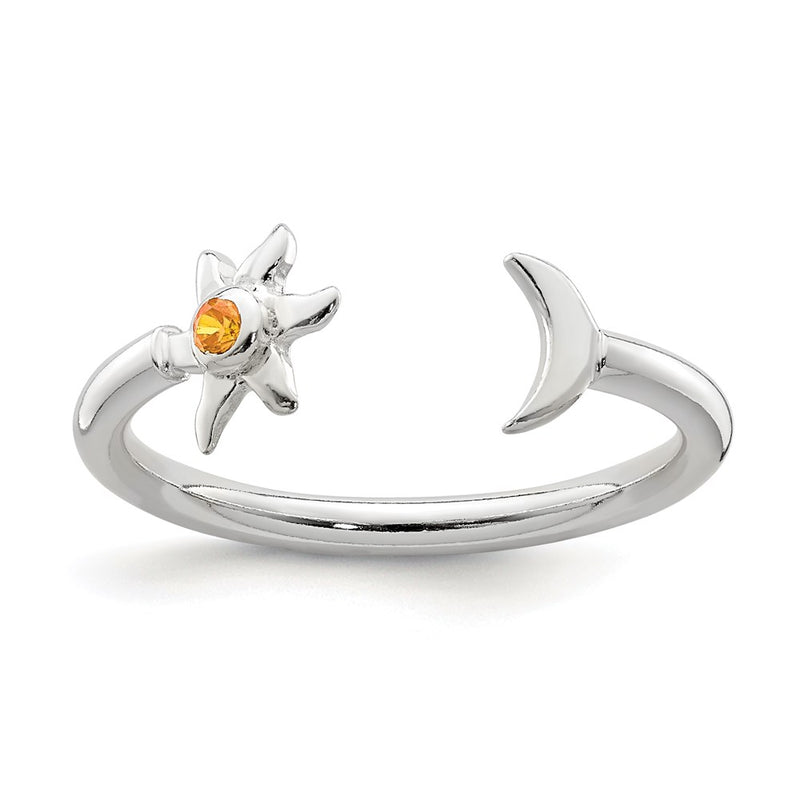 Sterling Silver Polished Half Moon And Sun Orange Cz Adjustable Ring
