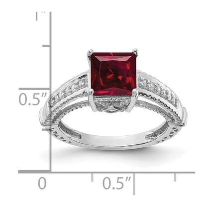 Sterling Silver Rhodium Plated Synthetic Ruby And Cz Ring