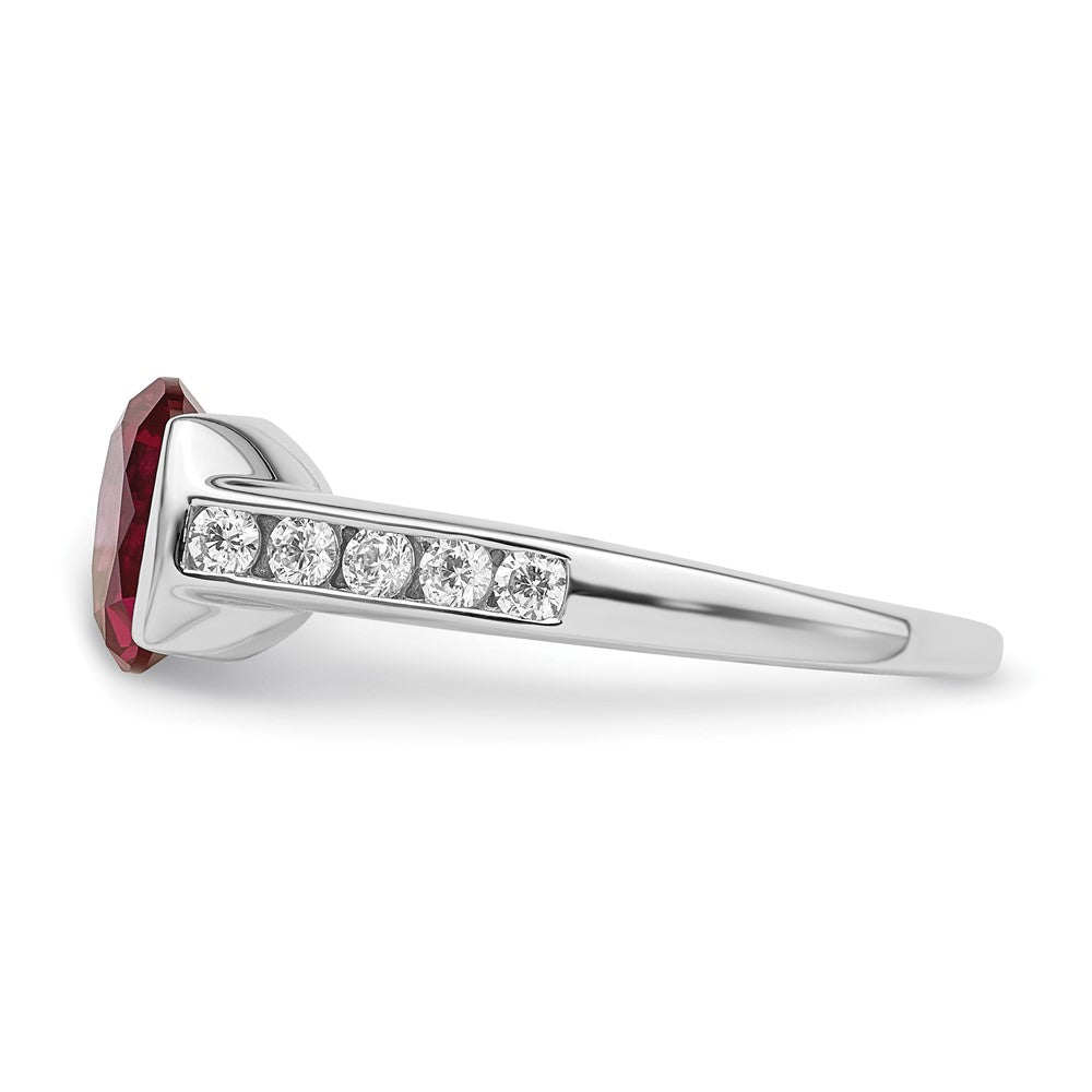 Sterling Silver Rhodium Plated Synthetic Ruby And Cz Bezel Ring