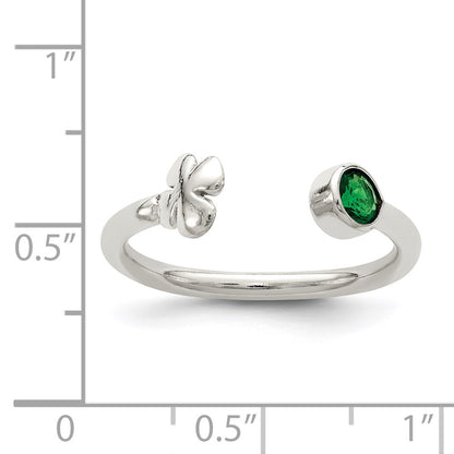 Sterling Silver Green Glass Bead 4 Leaf Clover Adjustable Ring